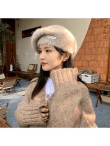 1顶女士马海毛针织贝雷帽，新款冬季设计，日式风格，百搭，大号头围，灰色针织艺术家帽 - 彩色 - 查看 7