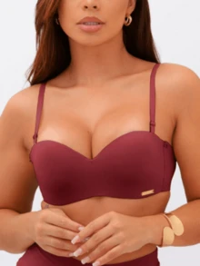 Strapless Bra With Removable Straps, Adjustable Silicone-Effect Padding, Triple Clasp, Reinforced Polyamide Top. - Màu Đỏ Sâu - Xem 4