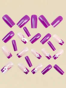 24 miếng dán móng tay họa tiết hoa tím, sọc và chấm bi, dụng cụ làm móng nghệ thuật, phong cách móng Y2K, miếng dán móng tay màu trơn. - Màu tím - Xem 2