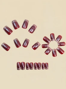 24片金色闪粉红色法式美甲贴纸，人造指甲，美甲用品，Y2K美甲 - 酒紅色 - 查看 4