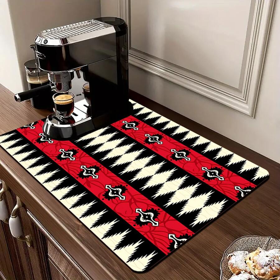 1/10 piezas Alfombrilla de secado de platos estilo bohemio, alfombrilla para escurridor de platos, alfombrilla para máquina de café. Diseñada con patrones geométricos en rojo, negro y blanco, incluyendo bordes dentados y patrones de rombos simétricos, decorada con elementos florales abstractos. - Multicolor - Ver 1
