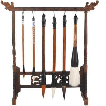 NWFashion Wood Carving Calligraphy Sumi Brush Hanger Calligraphy Rosewood Stand Shelf 12pins Chinese Brush Holder U2026 (6 Brush+Holder)