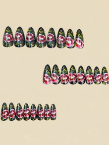 24pcs Pink Floral Plant Pattern Nail Stickers, False Nails, Nail Art Supplies, Y2K Style Nails, Almond Shaped Nails - Pink - View 2