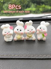 4/8pcs/Set Resin Rabbit Car Decor, Cute Animal Tiny Landscape Ornament, Desk Display, Crafty Accessory With Adhesive Tape, Dashboard Decor, Freely Placed - White - View 13