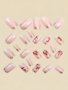 24pcs French Maple Leaf Pattern Nail Stickers, Multi-Color Glitter, Press-On Fake Nails, Nail Art Supplies, Y2K Style - Baby Pink - View 3