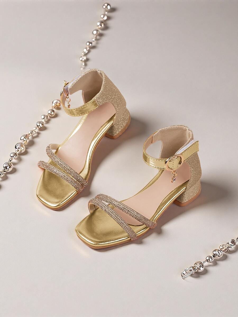 1 Pair Children's Sparkling Rhinestone High Heel Sandals, Featuring Fashionable T-Strap Design, Rhinestone-Encrusted Uppers, Elegant Ankle Strap And Pendant Decor, Chunky Heel For Stability. Suitable For Little Girls To Wear At Formal Occasions Like Weddings, Parties Or Birthday Events, Shining Brightly With Every Step And Becoming The Center Of Attention. - 金色 - 查看 1