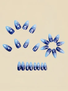24片蓝色渐变星形美甲贴纸，美甲用品，Y2K风格美甲，杏仁形美甲 - 寶藍色 - 查看 4
