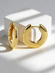 Charm-In Women's Gold-Plated Chunky Smooth Hoop Earrings - Minimalist Design For Daily Wear/Office Looks, Elegant Gift For Her (Birthday/Christmas) - Gold - View 4
