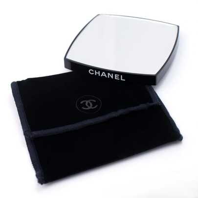 CHANEL Square Double-Sided Compact Makeup Mirror, Black Frame, Comes With Travel Makeup Velvet Pouch