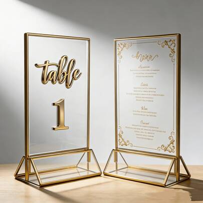 Conjunto de 6 peças de expositores de mesa em acrílico dourado, com moldura transparente de dupla face, placa para número de mesa, suporte para exibição de cardápios, receitas e fotos em restaurantes. Ideal para casamentos, noivados, aniversários, chás de panela, eventos corporativos e qualquer ocasião especial! Um presente essencial para o Natal.