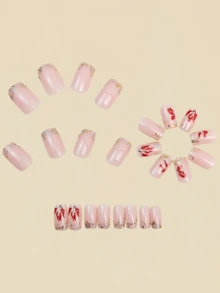 24pcs French Maple Leaf Pattern Nail Stickers, Multi-Color Glitter, Press-On Fake Nails, Nail Art Supplies, Y2K Style - Baby Pink - View 4