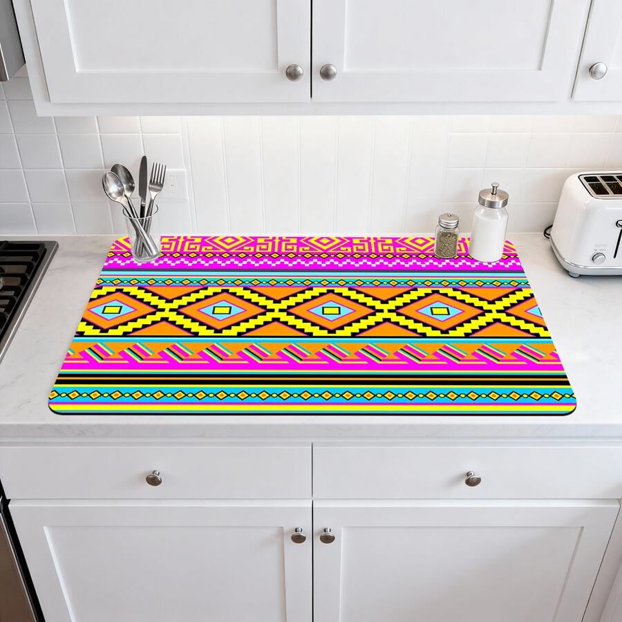 1/10pcs Bohemian Style Dish Drying Mat, Dish Drying Rack, Coffee Machine Mat. This Mat Features A Vibrant Geometric Pattern Including Diamonds, Triangles, And Colorful Stripes, Exuding A Charming Appeal. Suitable For Kitchen Countertops And Coffee Shops, Quick-Drying, Absorbent, And Easy To Clean. The Rubber Bottom Provides Anti-Slip Protection, Making It A Must-Have For Any Home Decor. - Multicolor - View 1