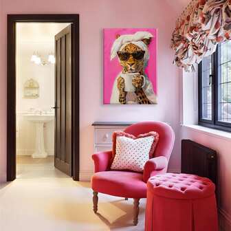 1幅趣味动物喝咖啡海报，豹纹帆布墙画，时尚多彩的厨房装饰画，适用于厨房、餐厅、家居、卧室和宿舍装饰。