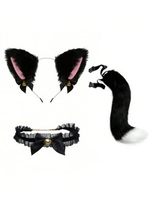 Diadema con orejas de gato y juego de cola a juego de poliéster esponjoso - Disfraz de mujer lindo y sexy, incluye pinza para el cabello con lazo brillante y cola de peluche desmontable, adecuado para fiestas con tema sexy, fotografía boudoir, convenciones de anime y atuendos de discoteca, un regalo encantador y sexy perfecto para ella - Negro - Ver 12