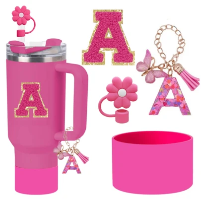 4pcs A-Z Cup Accessories Set (30-40oz) - Accessories Set Includes: 1 Straw Topper, 1 Letter Charm, 1 Silicone Cup Base, 1 Letter Sticker, Daily & Holiday Surprise Gift