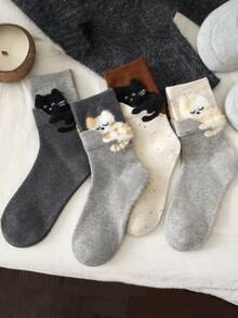 4 Pairs Cartoon Cute Sleeping Cat Versatile Comfortable Mid-Calf Socks, Autumn/Winter - Multicolor - View 14
