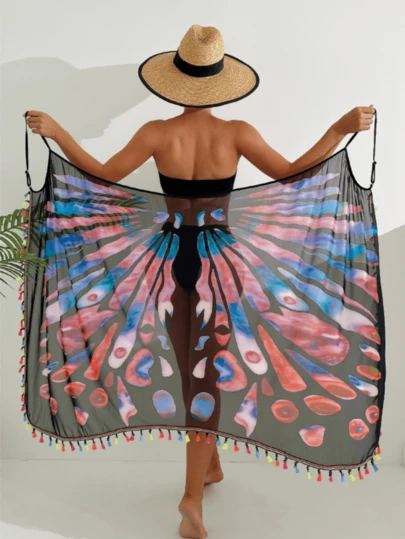 性感女士波西米亚浪漫吊带长款薄纱罩衫，蝴蝶印花，流苏装饰，针织面料，沙滩度假