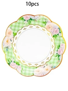 10pcs/20pcs50pcs/80pcs Green Floral Tea Party Supplies Floral Tea Cups With Handle Tea Paper Plates Disposable Flower Cups And Saucers Sets For Garden Birthday Bridal Wedding Afternoon Tea Party Supplies Decor - Multicolor - View 12