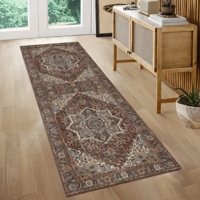 1件复古波西米亚风花卉条纹地毯/地垫/浴室垫/门垫/走廊垫，柔软可水洗，适用于浴室、厨房、玄关、走廊、卧室、客厅等家居装饰