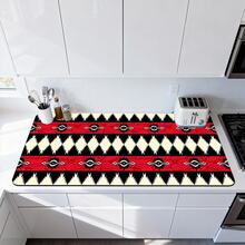 1/10 piezas Alfombrilla de secado de platos estilo bohemio, alfombrilla para escurridor de platos, alfombrilla para máquina de café. Diseñada con patrones geométricos en rojo, negro y blanco, incluyendo bordes dentados y patrones de rombos simétricos, decorada con elementos florales abstractos. - Multicolor - Ver 15