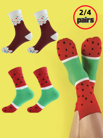 2/4 Pairs Men's Funny Fruit & Ice Cream Socks - Creative Gift For Fruit Lovers - Knitted Fruit Pattern Novelty Socks, Crazy Happy Socks, Watermelon Ice Cream Socks
