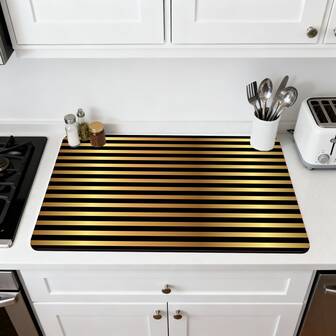 1/10pcs Bohemian Style Drying Mat, Dish Drying Pad, Coffee Machine Mat. This Quick-Drying And Absorbent Mat Features A Luxurious Vintage Design With Golden Stripes Woven On A Black Background, Making It An Ideal Choice For Kitchen Countertops And Coffee Bars.