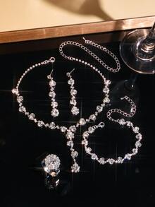 5件套女士首饰套装 - 精致水晶水钻首饰套装，适合通勤、校园约会、日常外出、婚礼和节日 - 情人节
