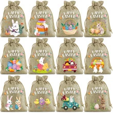12 piezas Bolsas de regalo de arpillera de Pascua, bolsas de cordón de arpillera de lino con patrón de conejo, bolsas de regalo con tema rústico de caza, adecuadas para recuerdos de fiesta y manualidades DIY - Multicolor - Ver 1