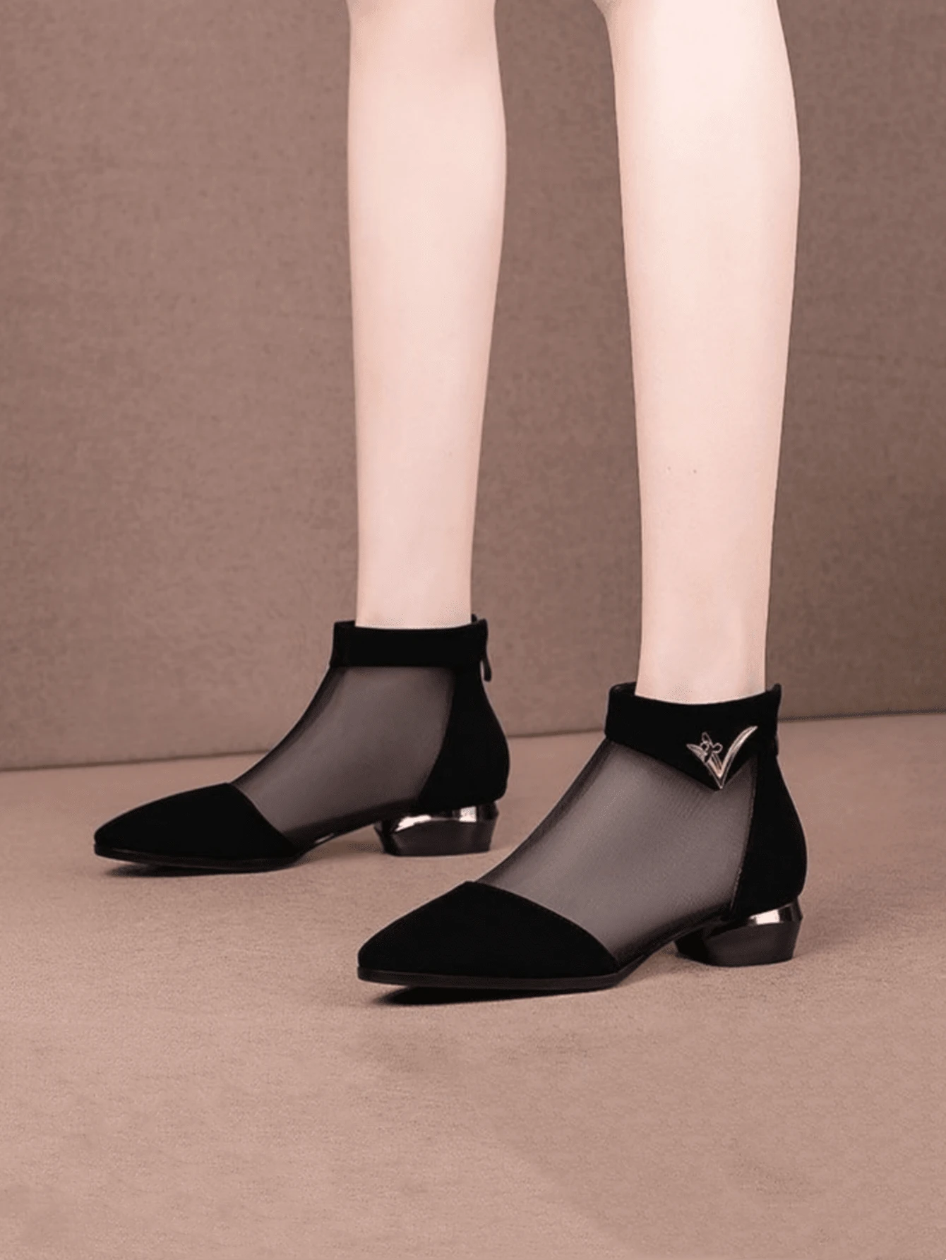 Giày cao gót thời trang nữ, giày slip-on thoáng khí phối lưới, giày cao gót đế dày đính đá, giày dự tiệc mùa xuân/hè. - màu đen - Xem 1