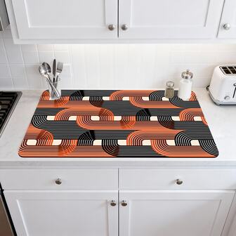 1/10片装波西米亚风餐具沥水垫，适用于厨房台面和咖啡厅，速干、吸水、易清洁。橙黑几何图案呈现复古抽象艺术设计。橡胶底部提供防滑保护，使其成为必备的家居装饰品。
