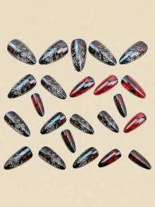 24片美甲贴纸，黑红条纹美甲贴纸，美甲用品，Y2K风格美甲，杏仁形美甲 - 彩色 - 查看 3