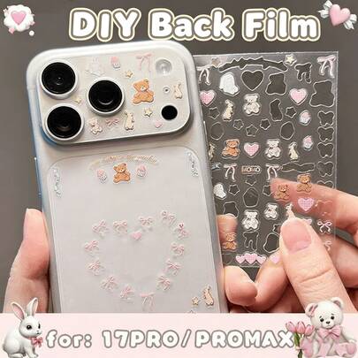 غشاء عدسة + ملصق شفاف لهاتف آبل 17 برو/برو ماكس، ملصق زخرفي DIY جميل بشكل دب تيدي، قابل للتطبيق على الدروع اليومية، المكتب، المنزل، واقي عدسة الكاميرا للهاتف مقاوم للماء والصدمات ومقاوم للخدش