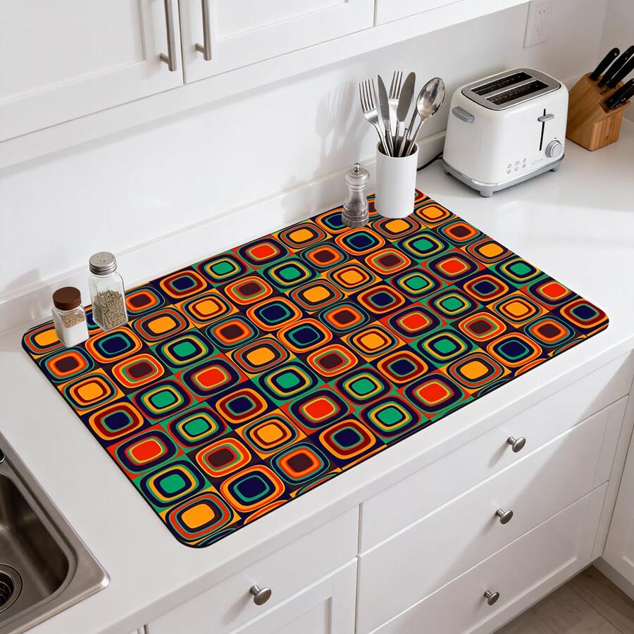 1/10 piezas Alfombrilla de secado de platos estilo bohemio, alfombrilla para máquina de café. Con un vibrante patrón geométrico en naranja, rojo, verde, azul y círculos concéntricos negros, creando un fuerte impacto visual. - Multicolor - Ver 1