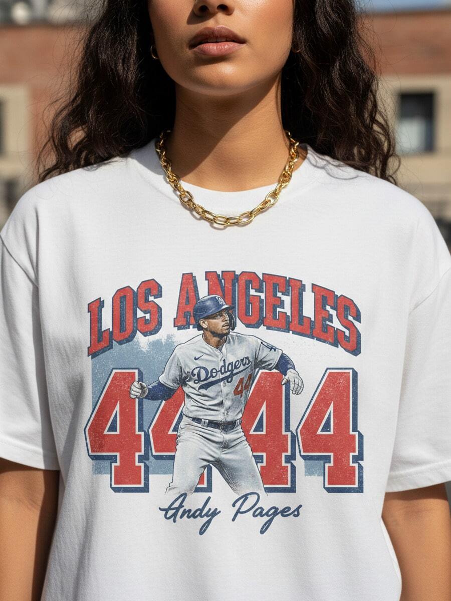 MLBPA Andy Pages Los Angeles Dynamic Stance Design T-Shirt 100% Cotton Short Sleeve Crew Neck #44 Baseball Player Graphic Tee Sports Fan Apparel Novelty Gift For Men Women Unisex-1 - 白色3 - 查看 1