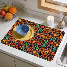1/10 piezas Alfombrilla de secado de platos estilo bohemio, alfombrilla para máquina de café. Con un vibrante patrón geométrico en naranja, rojo, verde, azul y círculos concéntricos negros, creando un fuerte impacto visual. - Multicolor - Ver 15