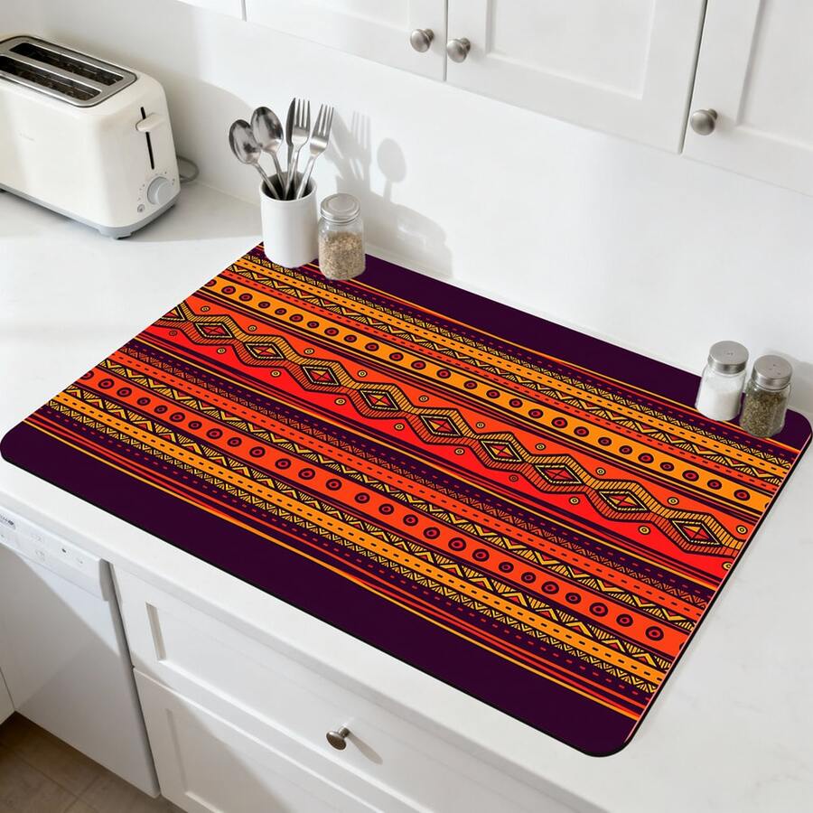 1/10件装波西米亚风沥水垫，可作沥水架、咖啡机垫使用。这款沥水垫采用红、橙、紫三色交织的几何菱形和三角形图案，点缀以波点和线条装饰，散发迷人魅力。适用于厨房台面和咖啡吧台，速干、吸水性强且易于清洁。橡胶底面提供防滑保护，使其成为家居装饰的必备单品。 - 彩色 - 查看 1