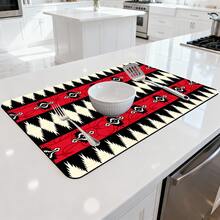 1/10 piezas Alfombrilla de secado de platos estilo bohemio, alfombrilla para escurridor de platos, alfombrilla para máquina de café. Diseñada con patrones geométricos en rojo, negro y blanco, incluyendo bordes dentados y patrones de rombos simétricos, decorada con elementos florales abstractos. - Multicolor - Ver 6