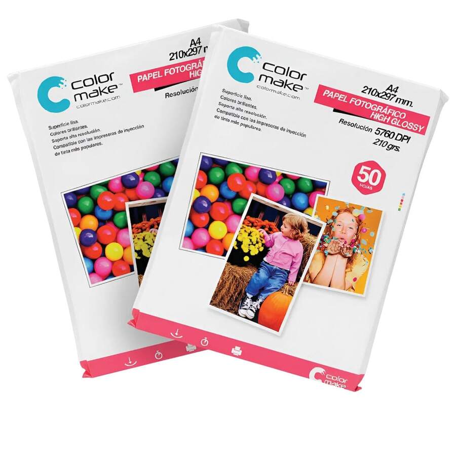 Papel Fotográfico 210GR 5760 DPI A4 210X297mm 50 Hojas Color Make  Hig Glossy Alto Brillo - Blanco - Ver 1