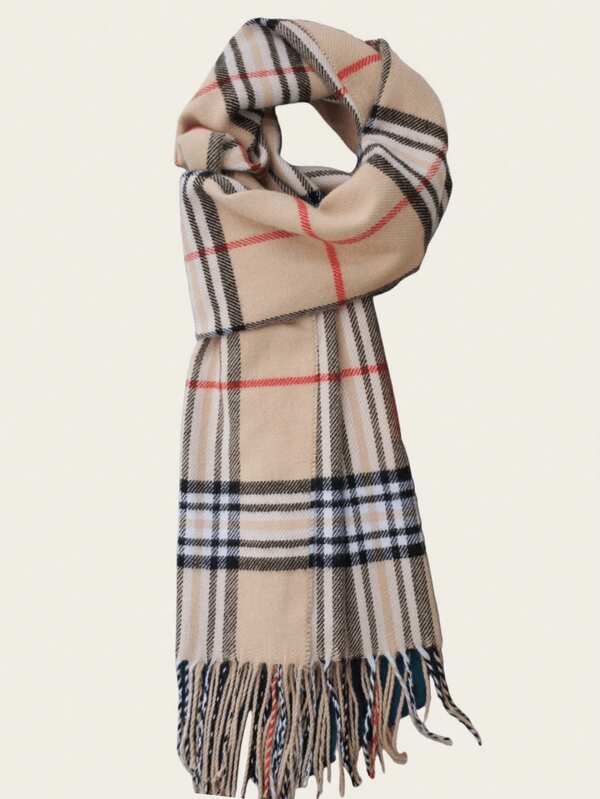 1pc Versatile Multi-Color Plaid Fringed Knit Scarf, Warm & Fashionable, Suitable For Autumn/Winter, Unisex