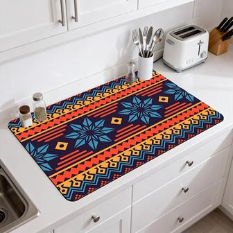 1/10 piezas Alfombrilla de secado de platos con estilo bohemio, patrón geométrico de estrella con colores contrastantes naranja y azul, decorada con elementos de borde de triángulo y rombo, apariencia encantadora