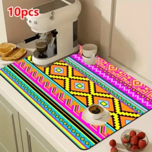 1/10pcs Bohemian Style Dish Drying Mat, Dish Drying Rack, Coffee Machine Mat. This Mat Features A Vibrant Geometric Pattern Including Diamonds, Triangles, And Colorful Stripes, Exuding A Charming Appeal. Suitable For Kitchen Countertops And Coffee Shops, Quick-Drying, Absorbent, And Easy To Clean. The Rubber Bottom Provides Anti-Slip Protection, Making It A Must-Have For Any Home Decor. - Multicolor - View 17