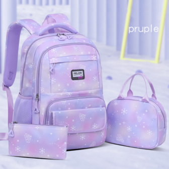 Set de 3 mochilas con estampado de copo de nieve de diamante, estilo universitario de poliéster, de gran capacidad y peso ligero, con correa de hombro ajustable, forro de poliéster, incluye lonchera y estuche para lápices, diseño de múltiples bolsillos, adecuado para la universidad y uso al aire libre, set de mochilas de viaje | Mochila estilo universitario, mochila de viaje