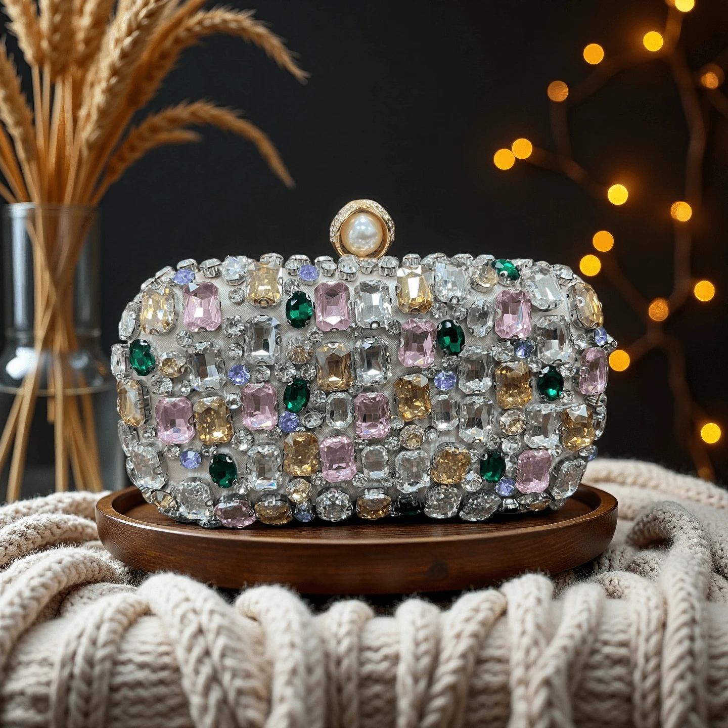 Modische, Bunte Clutch-Tasche mit Kristallbesatz, funkelnde Party-Handtasche für Abendkleider - Silber - Übersicht 1