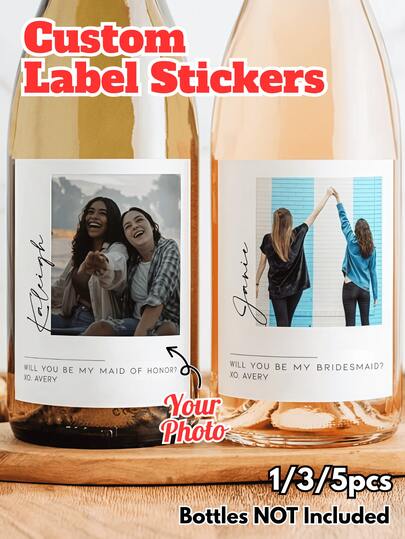 1pc/3pcs/5pcs Personalized Photo Wine Bottle Labels – "Will You Be My Maid Of Honor" Custom Name & Text Stickers For Bridesmaid Proposal, Wedding Season, Engagement & Anniversary Gifts, Graduation 2026 Party Decor, Champagne Whiskey Tequila Bottle Labels, Elegant Custom Gift For Bride, Friends & Family