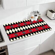 1/10 piezas Alfombrilla de secado de platos estilo bohemio, alfombrilla para escurridor de platos, alfombrilla para máquina de café. Diseñada con patrones geométricos en rojo, negro y blanco, incluyendo bordes dentados y patrones de rombos simétricos, decorada con elementos florales abstractos. - Multicolor - Ver 7