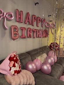 粉色蝴蝶结生日气球套装，包含18英寸心形气球和16英寸生日横幅铝箔气球，适合生日派对装饰、女士粉色生日装饰、生日快乐派对装饰