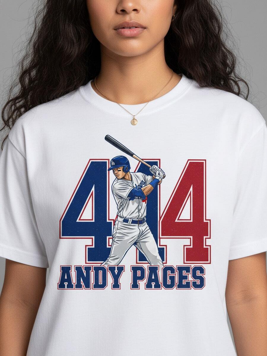 MLBPA Andy Pages Los Angeles Dynamic Stance Design T-Shirt 100% Cotton Short Sleeve Crew Neck #44 Baseball Player Graphic Tee Sports Fan Apparel Novelty Gift For Men Women Unisex-1 - White 5 - View 1