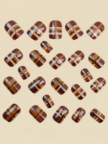 24片棕色条纹几何图案美甲贴纸，美甲用品，Y2K风格美甲 - 棕色 - 查看 3