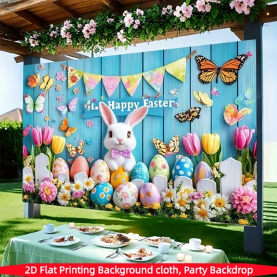 1件装，2D平面复活节兔子背景横幅，图案包含彩蛋、鲜花和蝴蝶，材质为涤纶。适用于复活节派对装饰、大型派对用品和礼品、入口装饰、房间和花园墙面装饰、家居装饰、房间装饰和墙面装饰。