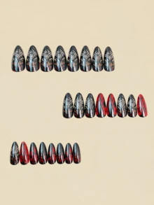 24片美甲贴纸，黑红条纹美甲贴纸，美甲用品，Y2K风格美甲，杏仁形美甲 - 彩色 - 查看 2